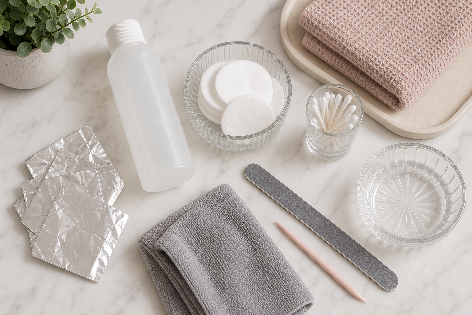 Nail polish removal bottle cotton rounds and cleanup tools